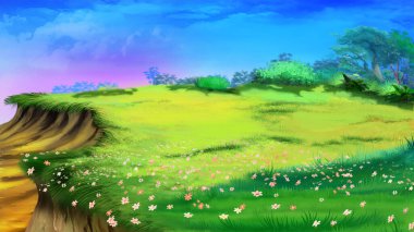 Meadow on the edge of a cliff on a sunny day. Digital Painting Background, Illustration.