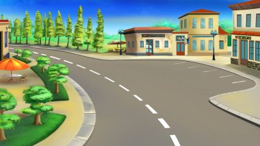 Güneşli bir yaz gününde taşra otobanı parkı. Dijital Boyama Arkaplanı, Resimler.