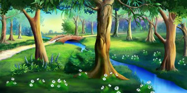 Güneşli bir günde parkta bir nehrin üzerinde küçük bir köprü. Dijital Boyama Arkaplanı, Resimler.