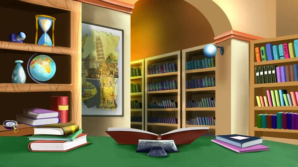 Home library interior in a private house. Digital Painting Background, Illustration.