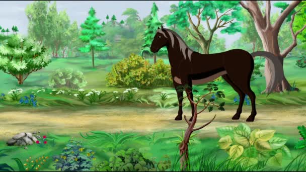Black Horse Wandelen Een Park Een Zonnige Dag Handgemaakte Geanimeerde — Stockvideo