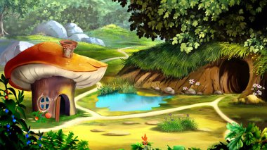 Güneşli bir yaz gününde peri masalı orman cücesi evi. Dijital Boyama Arkaplanı, Resimler.