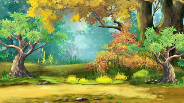 Trees Autumn Forest Sunny Day Digital Painting Background Illustration — Stock Photo, Image