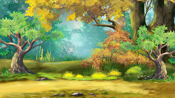 Trees in the autumn forest on a sunny day. Digital Painting Background, Illustration.