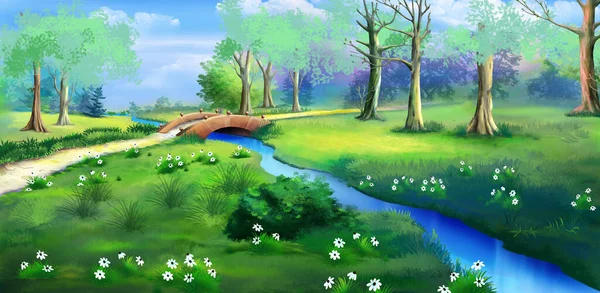 Pequeño Puente Sobre Río Bosque Día Soleado Fondo Pintura Digital — Foto de Stock