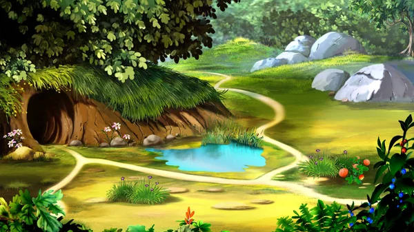 Fairy Tale Forest Gnome Hole Ravine Peinture Numérique Fond Illustration — Photo