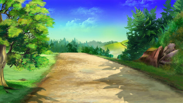 Road through the forest on a sunny day. Digital Painting Background, Illustration.