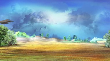 Vahşi siyah at güneşli bir günde çayırda dört nala koşuyor. El yapımı animasyon 4K görüntü, hareket grafikleri