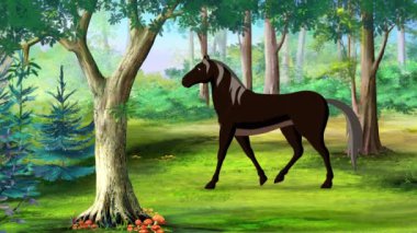 Kara At güneşli bir günde ormanda yürüyor. El yapımı animasyon 4K görüntü, hareket grafikleri