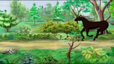 Vahşi siyah at güneşli bir günde ormanda dört nala koşuyor. El yapımı animasyon 4K görüntü, hareket grafikleri