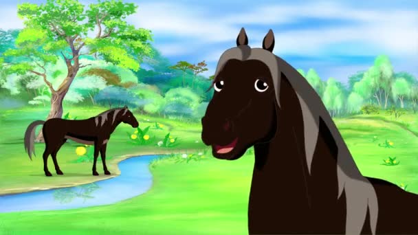 Zwarte Paarden Weide Een Zonnige Dag Close Handgemaakte Geanimeerde Beelden — Stockvideo