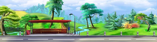 Busshållplats Förortsmotorväg Längs Parken Solig Dag Digital Målning Bakgrund Illustration — Stockfoto