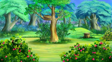 Bir yaz günü, ormandaki bir ağaçtaki yuvada. Dijital Boyama Arkaplanı, Resimler.