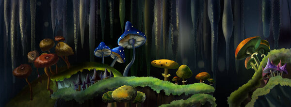 Magic mushrooms in a fairy tale cave. Digital Painting Background, Illustration.