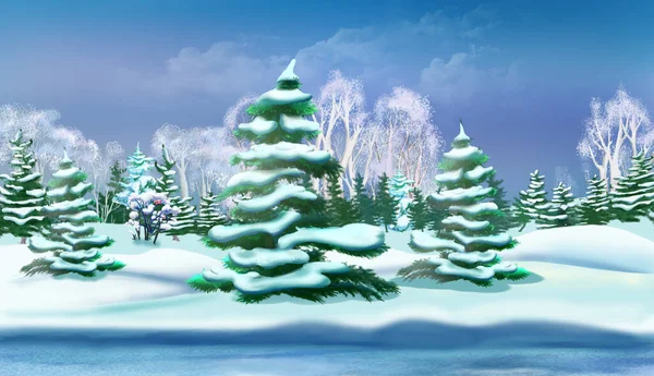 Árboles Navidad Bosque Invierno Durante Día Fondo Pintura Digital Ilustración —  Fotos de Stock