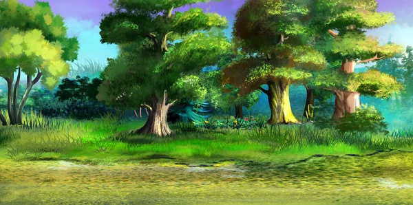 Forest edge on a summer day. Digital Painting Background, Illustration.