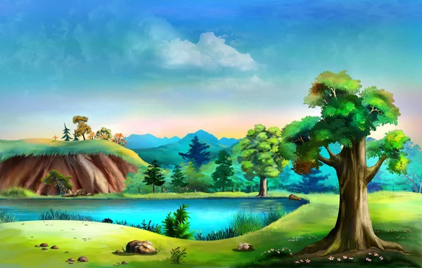 Small Lake Forest Sunny Summer Day Digital Painting Background Illustration — Stock Photo, Image