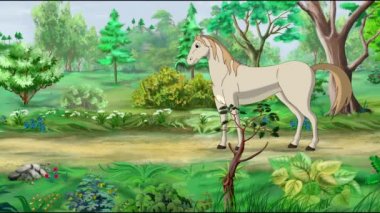 Beyaz At güneşli bir günde parkta yürüyor. El yapımı HD görüntüler, hareket grafikleri