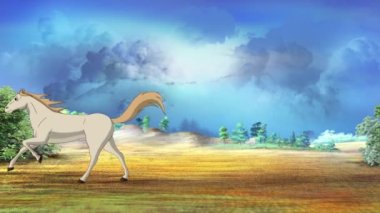 Güneşli bir günde kırlarda dört nala koşan vahşi beyaz at. El yapımı HD görüntüler, hareket grafikleri