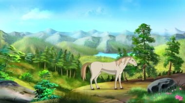 Beyaz at tepede otluyor. El yapımı HD görüntüler, hareket grafikleri