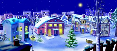 Küçük bir kasabanın meydanında kış gecesi. Dijital Boyama Arkaplanı, Resimler.