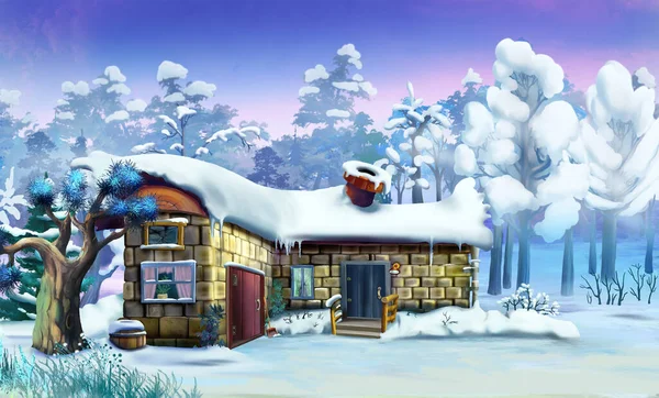 冬の森の中のおとぎ話の家 デジタル絵画の背景 イラスト — ストック写真