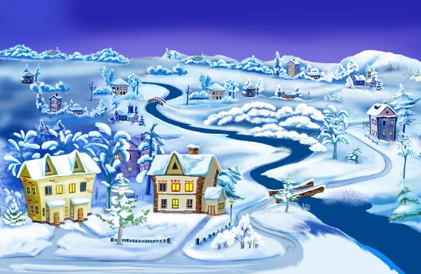 Χειμερινό Βράδυ Στο Χωριό Πριν Χριστούγεννα Ψηφιακή Ζωγραφική Ιστορικό Εικονογράφηση — Φωτογραφία Αρχείου