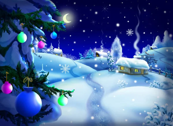 Fairy winter night in the village before Christmas and New Year. Digital Painting Background, Illustration.