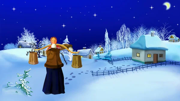 Country Girl carrying water with a yoke in the village on a winter evening. Digital Painting Background, Illustration.
