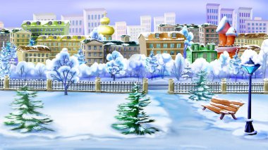 Küçük bir kasabanın meydanında kış günü. Dijital Boyama Arkaplanı, Resimler.