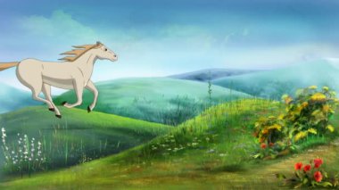 Tepelerde dört nala koşan beyaz at. El yapımı animasyon 4K görüntü, hareket grafikleri