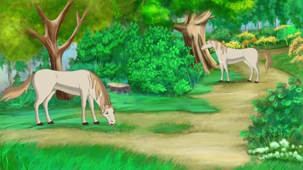 阳光灿烂的日子里 两只白马在草地上吃草 手工制作的4K动画画面 运动图形 — 图库视频影像