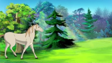 Beyaz At güneşli bir günde ormanda yürüyor. El yapımı animasyon 4K görüntü, hareket grafikleri