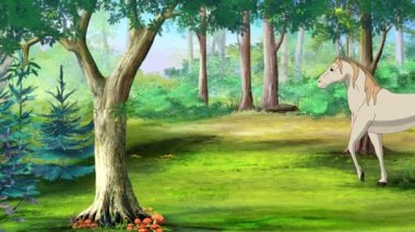 Beyaz At güneşli bir günde ormanda yürüyor. El yapımı animasyon 4K görüntü, hareket grafikleri