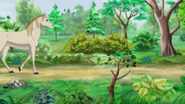 Beyaz At güneşli bir günde parkta yürüyor. El yapımı animasyon 4K görüntü, hareket grafikleri