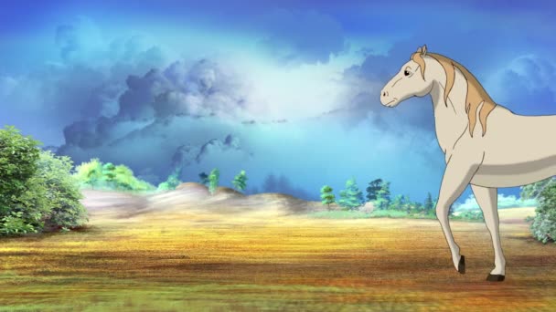Cavalo Branco Selvagem Caminha Pradaria Dia Ensolarado Filmes Animados Artesanais — Vídeo de Stock