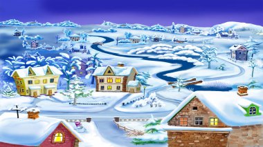 Bir köyde ya da küçük bir kasabada kış günü. Dijital Boyama Arkaplanı, Resimler.