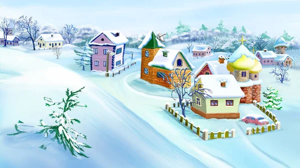 Зимовий День Селі Або Маленькому Містечку Тло Цифрового Живопису Ілюстрація — стокове фото