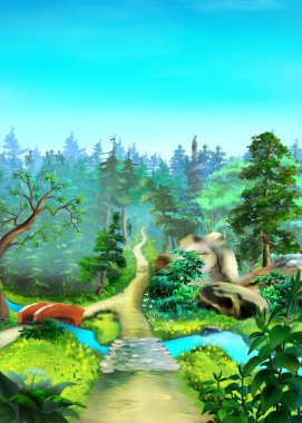 Güneşli bir yaz gününde bir orman deresinin üzerinde küçük bir köprü. Dijital Boyama Arkaplanı, Resimler.