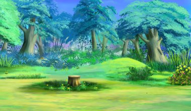 Güneşli bir yaz gününde ormanın derinliklerinde yürümek. Dijital Boyama Arkaplanı, Resimler.