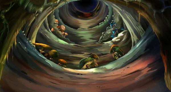 Magisk Mystisk Grotta Med Sagosvamp Digital Målning Bakgrund Illustration — Stockfoto
