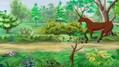 Vahşi kahverengi at güneşli bir günde ormanda dört nala koşuyor. El yapımı HD görüntüler, hareket grafikleri