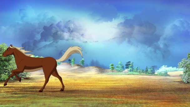 Wildbraunes Pferd Galoppiert Einem Sonnigen Tag Über Die Prärie Handgemachtes — Stockvideo