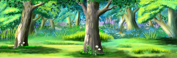 Trees in the forest clearing on a sunny summer day. Digital Painting Background, Illustration.
