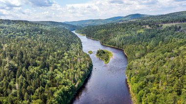 Drone View of Green Mountain Landscape, Summer Season in Canada, Water Stream flowing between Forest. 
