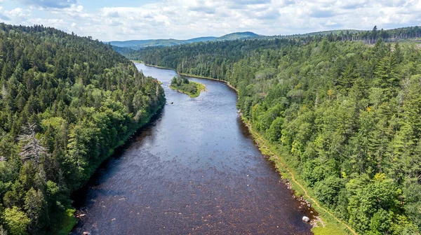 Drone View of Green Mountain Landscape, Summer Season in Canada, Water Stream flowing between Forest. 