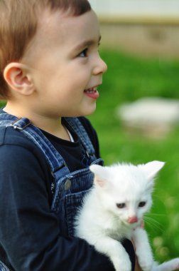 Beyaz bir kedi ile tatlı çocuk