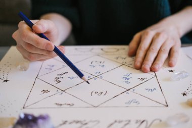 Kadın doğum çizelgesini kontrol ediyor. Güzel el çizimi astroloji arka planı.