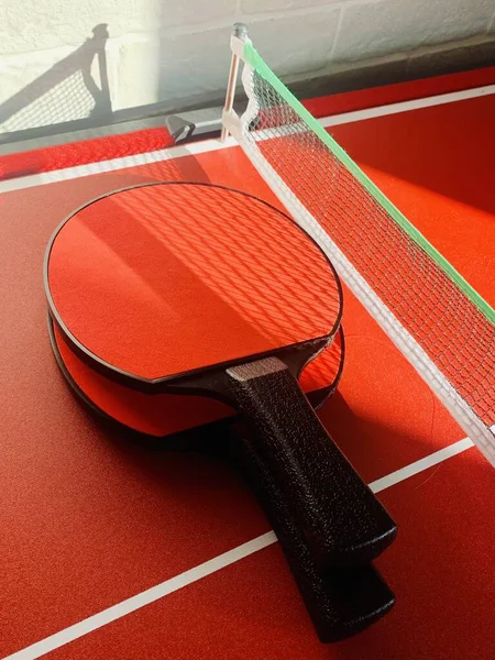 Table Tennis Rackets Bright Red Sport Background Hobby Activity Home — Stock Photo, Image