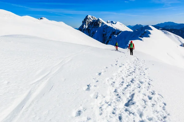 Montañeros caminando en la cresta de la montaña — Foto de Stock